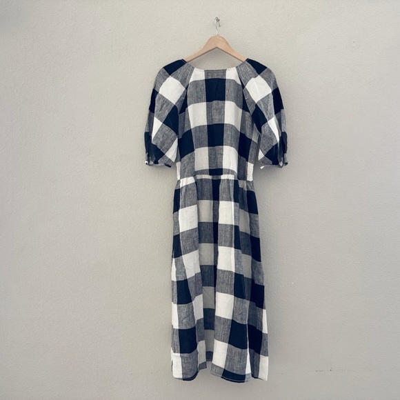 Everlane Linen Oversized Puff Sleeve Dress Bone Black Buffalo Plaid Preppy XS - Picture 8 of 15